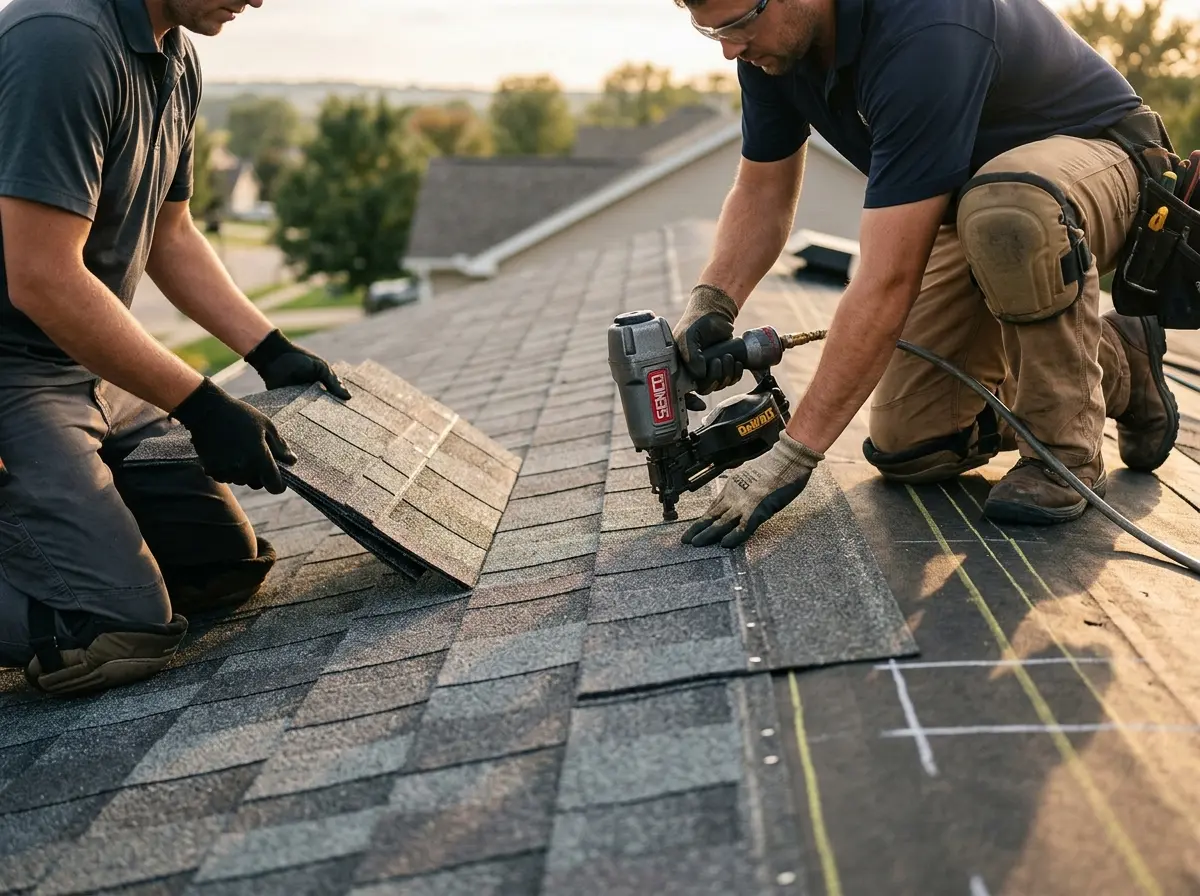 Professional roofer working on a residential roof in Fallon